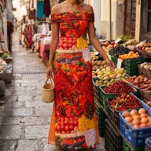 ZARA Picante Market Chili Pepper Print Mesh Tulle Maxi Dress Off Shoulder M